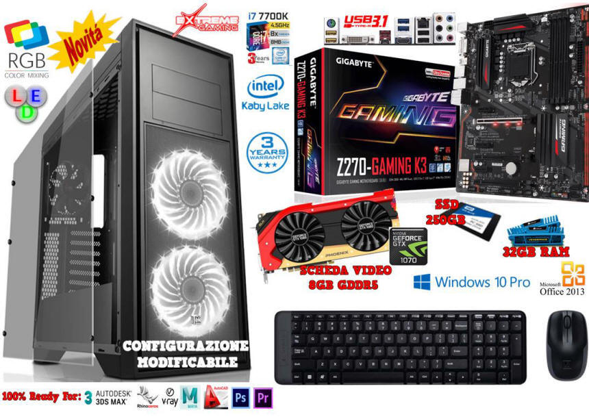 offerta pc professionale gaming editing rendering intel i7-7700k 32gb ram nvidia gtx1070 8gb gddr5 www.computeritalia.it